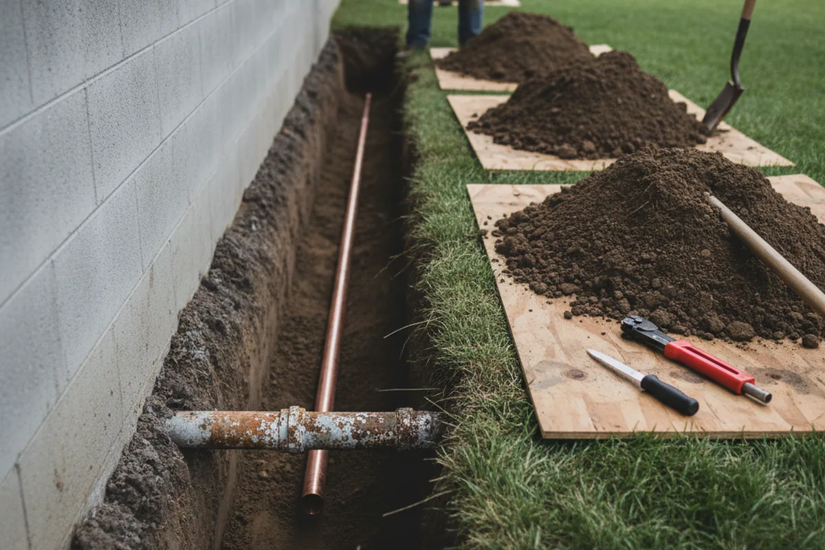 Excavated water line trench during Water Softener Installation in Clarence